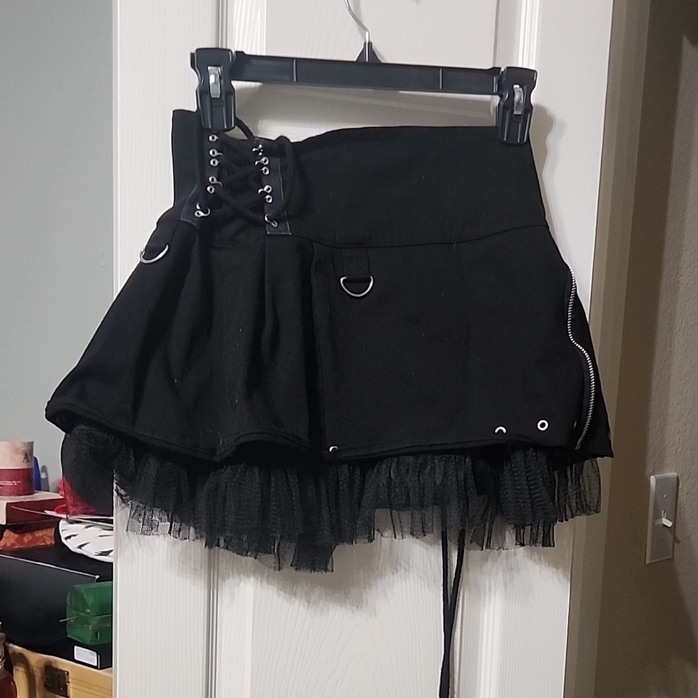 Hell Bunny Black Mini Skater Skirt with Ruffled Tie Front for Casual Night Out